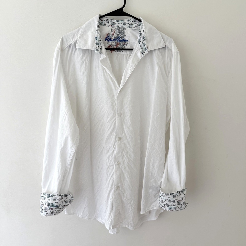 Robert‎ Graham Button Down Shirt Mens XL White Paisley Textured Contrast Cuff